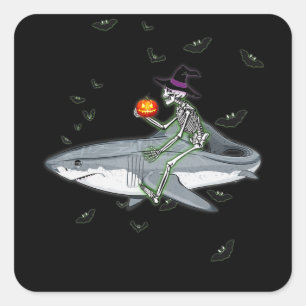 Skeleton Riding Shark - Funny Halloween Shark Gesc Quadratischer Aufkleber