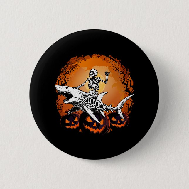 Skeleton Riding Shark Lazy Halloween Anzug Funny Button (Vorderseite)