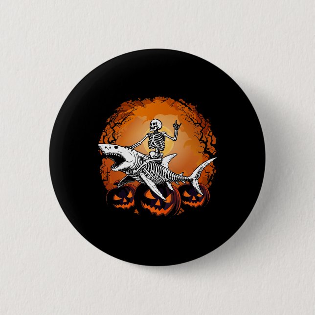Skeleton Riding Shark Lazy Halloween Anzug Funny Button (Vorderseite)