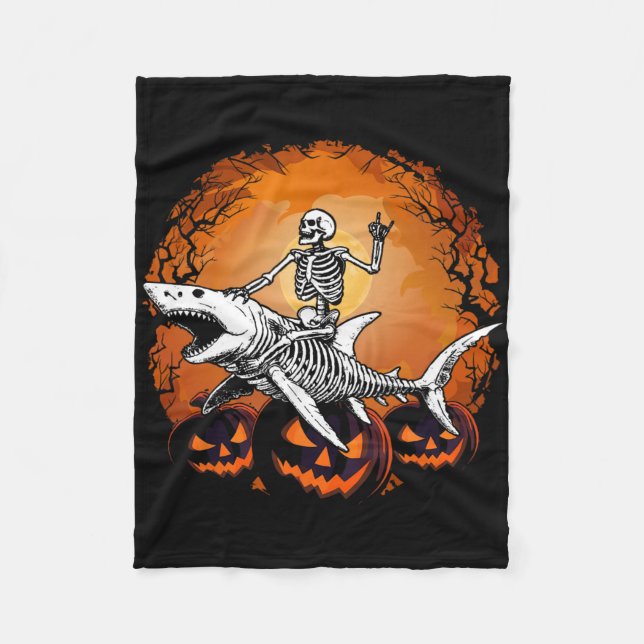 Skeleton Riding Shark Lazy Halloween Anzug Funny Fleecedecke (Vorderseite)