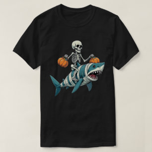 Skeleton Riding Shark Mummy Funny Halloween T-Shirt