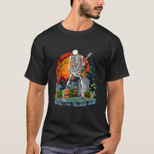 Skeleton Rock auf Gitarre glücklich Halloween Pu T-Shirt