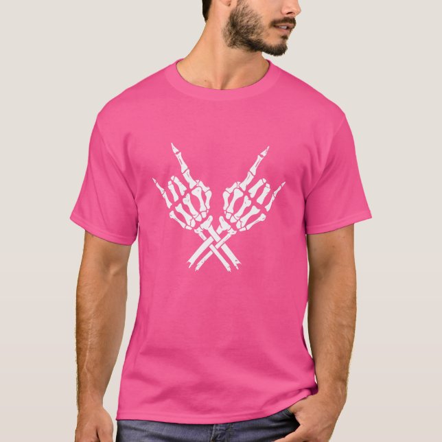 Skeleton Rock Horns Hand Symbol Geste T-Shirt (Vorderseite)