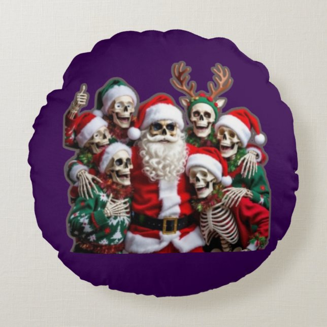Skeleton Santa Christmas Group Photo – Festive 3D  Rundes Kissen (Vorderseite)