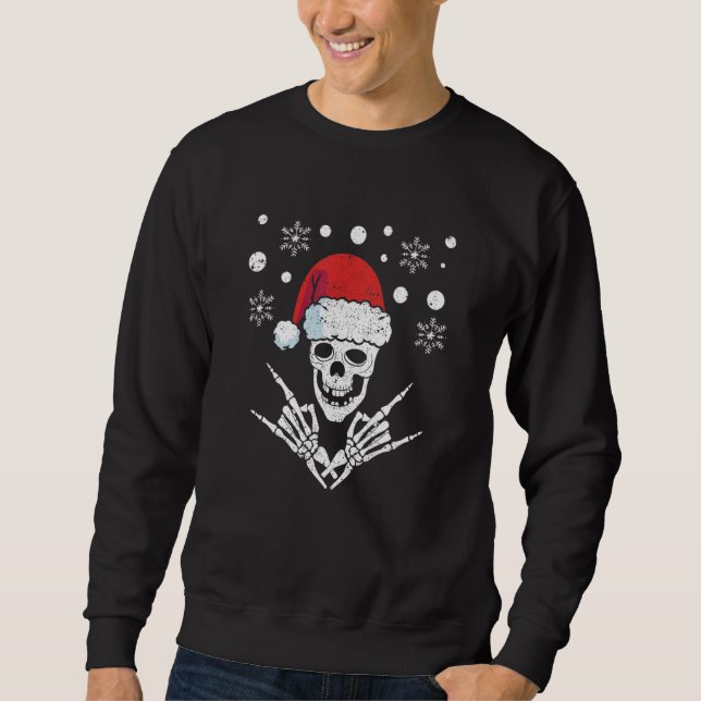 Skeleton Santa Claus Hat Rock And Roll Hand Cool C Sweatshirt (Vorderseite)