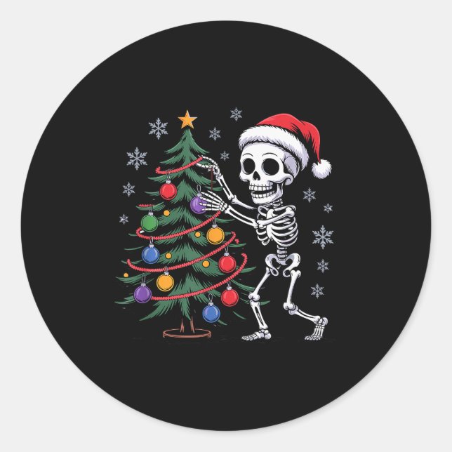 Skeleton Santa Hat Christmas Tree Creepy Cute Xmas Runder Aufkleber (Vorderseite)