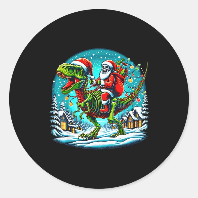 Skeleton Santa Riding T Rex Dinosaur Funny Christm Runder Aufkleber (Vorderseite)