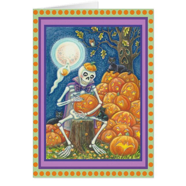 SKELETON, SCHWARZE KATZEN, DIE PUMPKIN GREETING CA (Vorne)