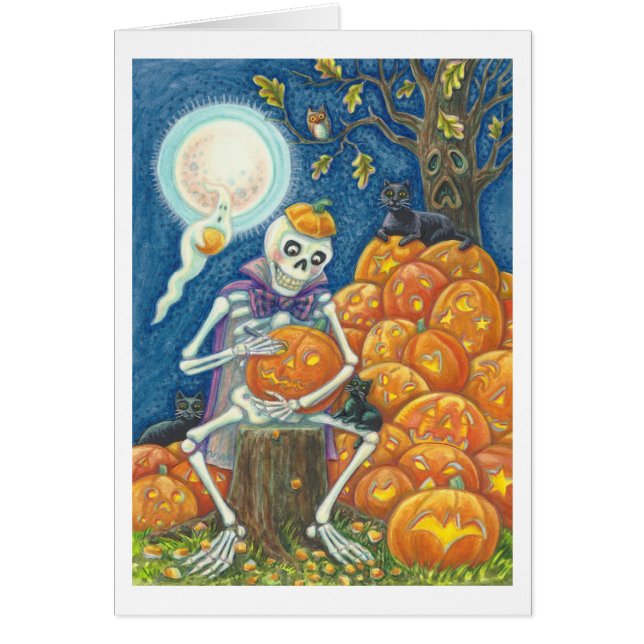 SKELETON, SCHWARZE KATZEN, DIE PUMPKIN GREETING CA (Vorne)