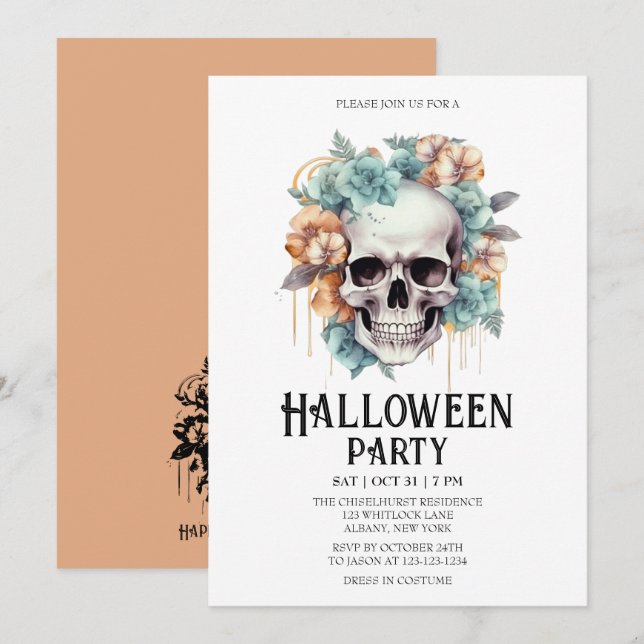 Skeleton Skull Blume Minze Halloween-Party Einladung (Vorne/Hinten)