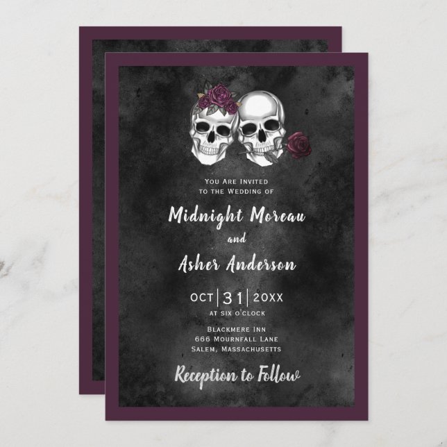 Skeleton Skull Couple Rose Gothic Wedding Einladung (Vorne/Hinten)