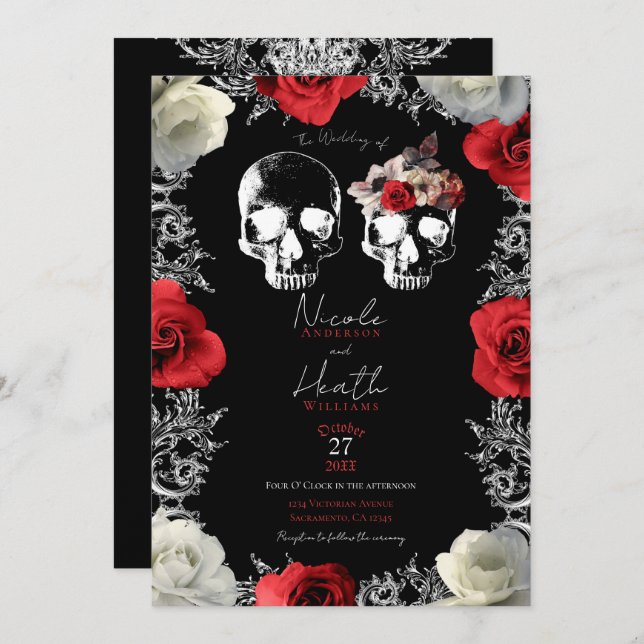 Skeleton Skull Red White Roses Gothic Wedding Einladung (Vorne/Hinten)