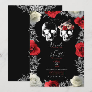 Skeleton Skull Red White Roses Gothic Wedding Einladung