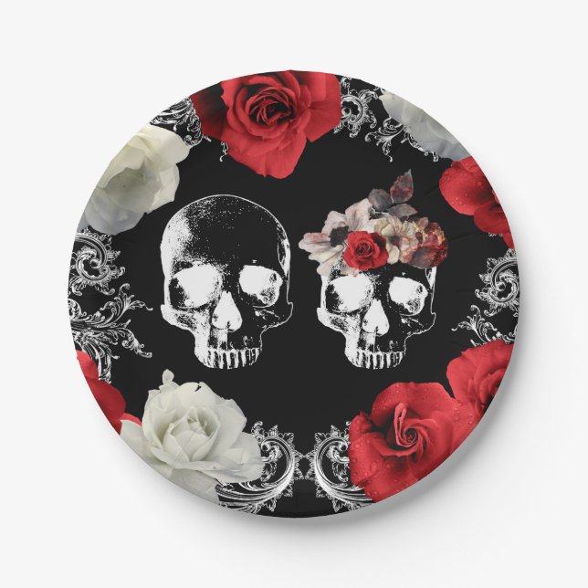 Skeleton Skull Red White Roses Gothic Wedding Pappteller (Vorderseite)