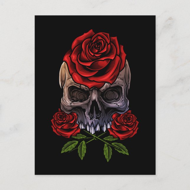 Skeleton Skull Rose Romantischer Blumentod Postkarte (Vorderseite)