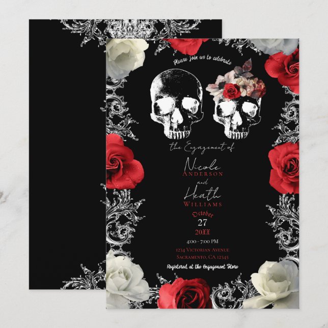 Skeleton Skull Rote Rosen Gothic Engagement Party Einladung (Vorne/Hinten)