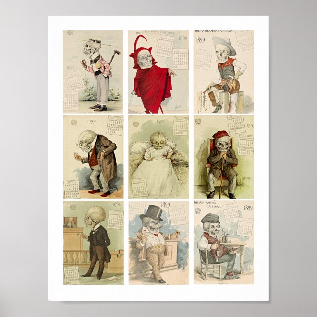 Skeleton Skulls Vintag 1800er Kalender Kunst Poster (Vorne)