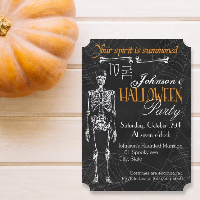 Skeleton Spider Web Spirit Halloween-Party Einladung (Invite your friends spirits to your spooky Halloween party with this black charcoal skeleton design.)