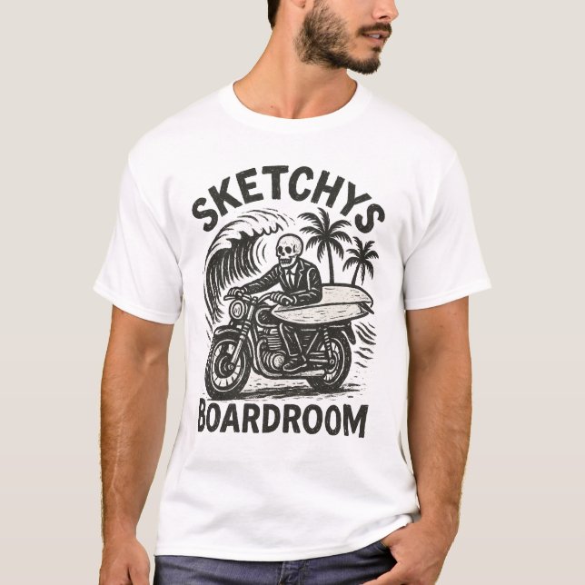 Skeleton Surfer auf Motorrad – Grunge Surf Art Tee (Vorderseite)