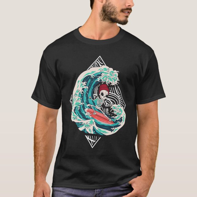Skeleton Surfer Waves Ocean Surfboard Surfing T-Shirt (Vorderseite)