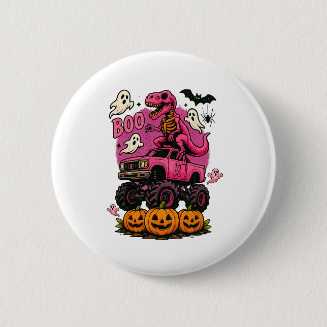 Skeleton T Rex Dinosaur Monster Truck Pumpkin Brea Button (Vorderseite)