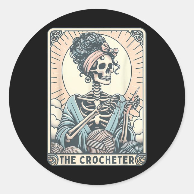 Skeleton The Crocheter Mom Tarot Card Knitter Croc Runder Aufkleber (Vorderseite)