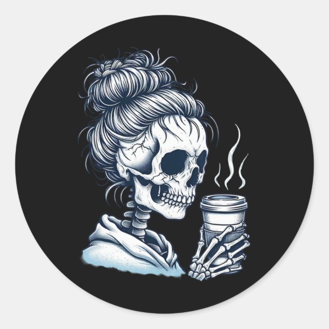 Skeleton trinken Kaffee Messy Bun Frauen Halloween Runder Aufkleber (Vorderseite)