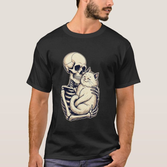 Skeleton umarmt Katze Niedlich Halloween Katze Lov T-Shirt (Vorderseite)