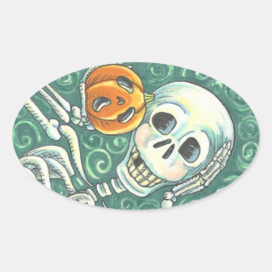 SKELETON UND KÜRBISLATERNE, Oval Ovaler Aufkleber