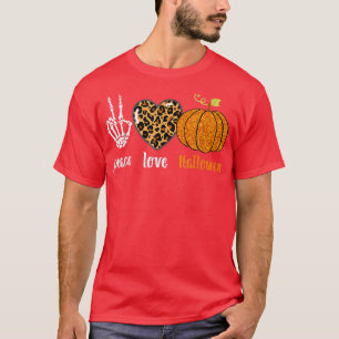 Skeleton V Hand Heart Leopard Pumkin Hallowen Peac T-Shirt