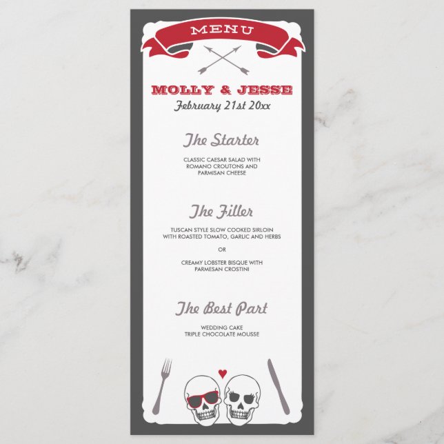 Skeleton Valentine Wedding Menu Menükarte (Vorderseite)