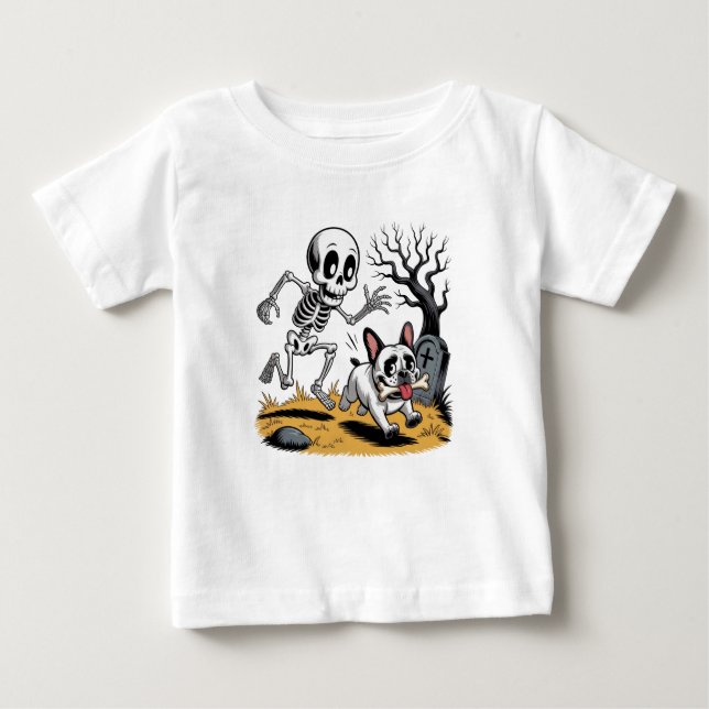 Skeleton vs French Bulldog – Funny Halloween Chase Baby T-shirt (Vorderseite)
