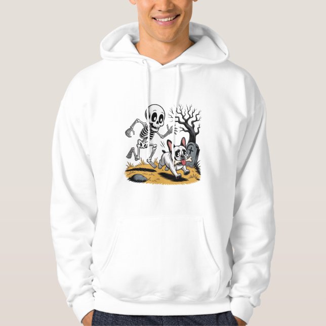Skeleton vs French Bulldog – Funny Halloween Chase Hoodie (Vorderseite)