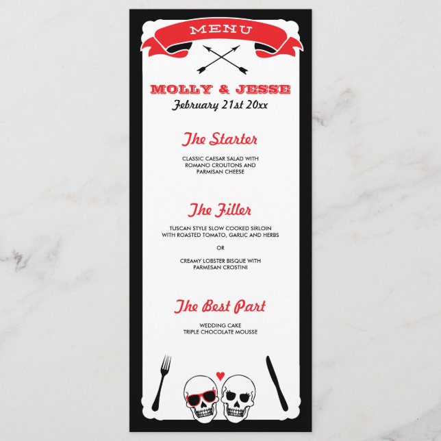 Skeleton Wedding Dinner Menu - Schwarz und Rot Menükarte (Vorderseite)