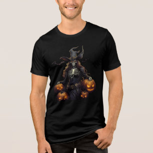 Skeleton Witch with Glowing Pumpkins Tri-Blend Shirt