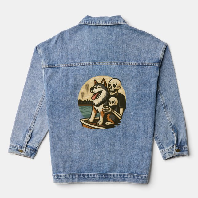 Skeleton with Dog on Haunted Lake Horror Art Jeansjacke (Rückseite)