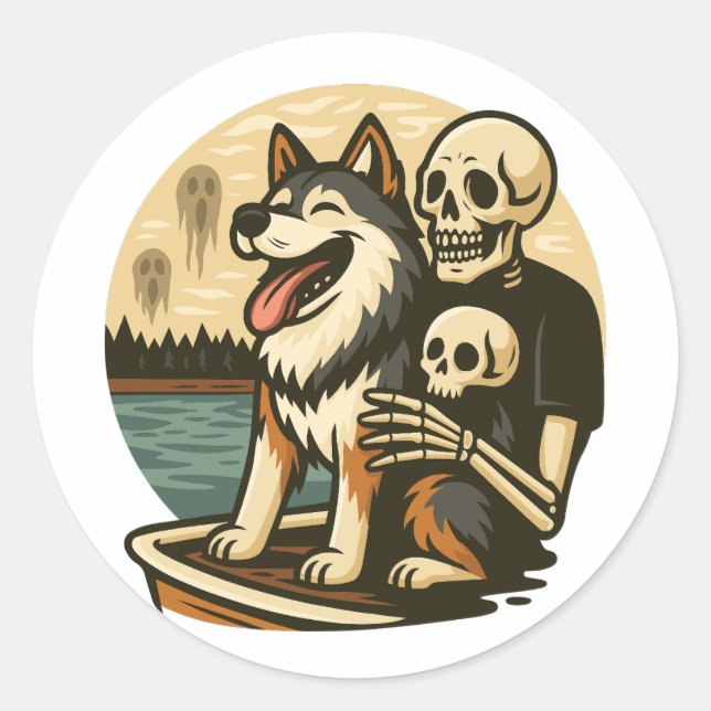 Skeleton with Dog on Haunted Lake Horror Art Runder Aufkleber (Vorderseite)