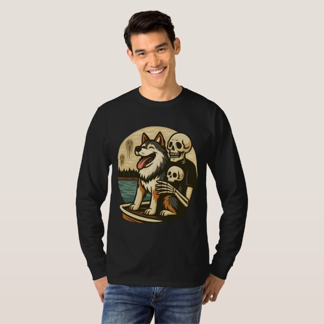 Skeleton with Dog on Haunted Lake Horror Art T-Shirt (Vorne ganz)