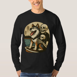 Skeleton with Dog on Haunted Lake Horror Art T-Shirt