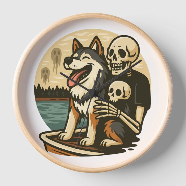 Skeleton with Dog on Haunted Lake Horror Art Uhr (Vorderseite)