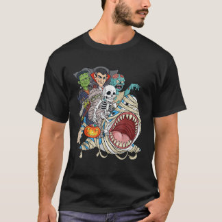 Skeleton Zombie Riding Mummy Shark Vampire Hallowe T-Shirt