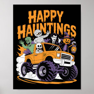 Skeleton Zombie Vampire Monster Truck Halloween Poster