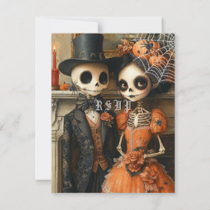 Skeletons Black Spiders Halloween Wedding RSVP Einladung
