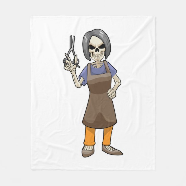 Skelett als Friseur mit Schere Fleecedecke (Vorderseite)