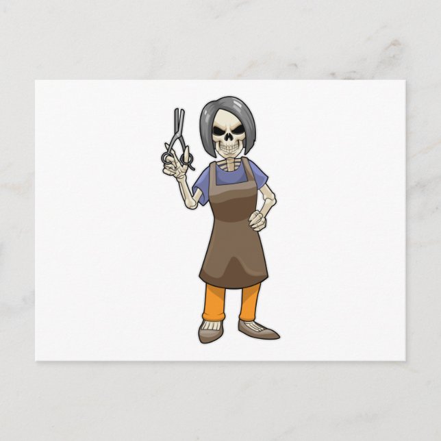 Skelett als Friseur mit Schere Postkarte (Vorderseite)