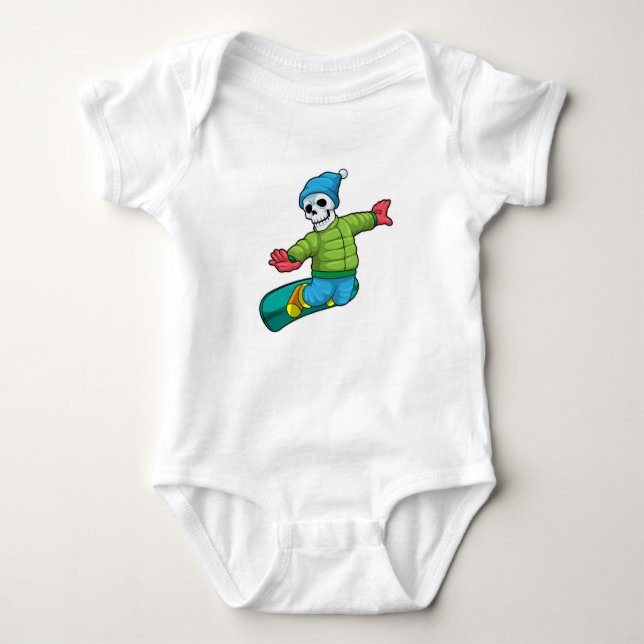 Skelett als Snowboarder mit Snowboard Baby Strampler (Vorderseite)