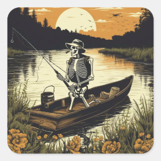 Skelett Angeln Auf Dem Fluss Ländlich Vintage Quadratischer Aufkleber