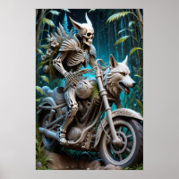 Skelett auf einem Chopper mit Wolfskopf