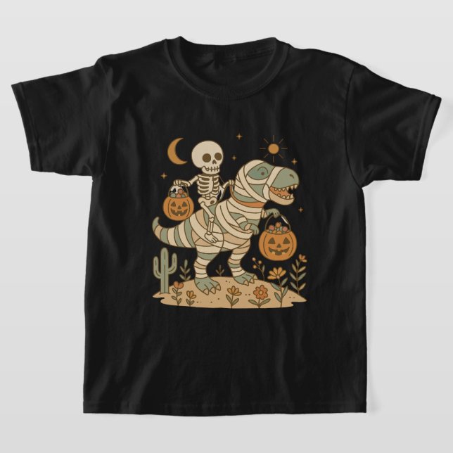 Skelett auf einem Dinosaurier mit Süßigkeiten T-Shirt (Ablage )