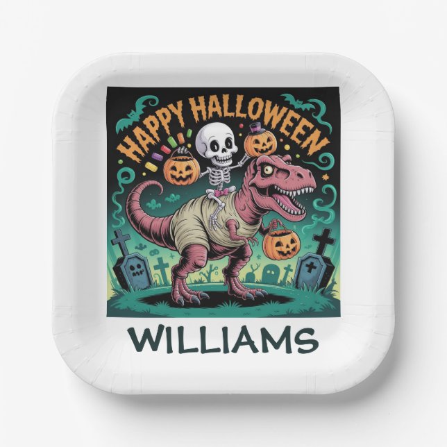 Skelett auf Mummy T-Rex - Spooky Dino Rider Pappteller (Vorderseite)